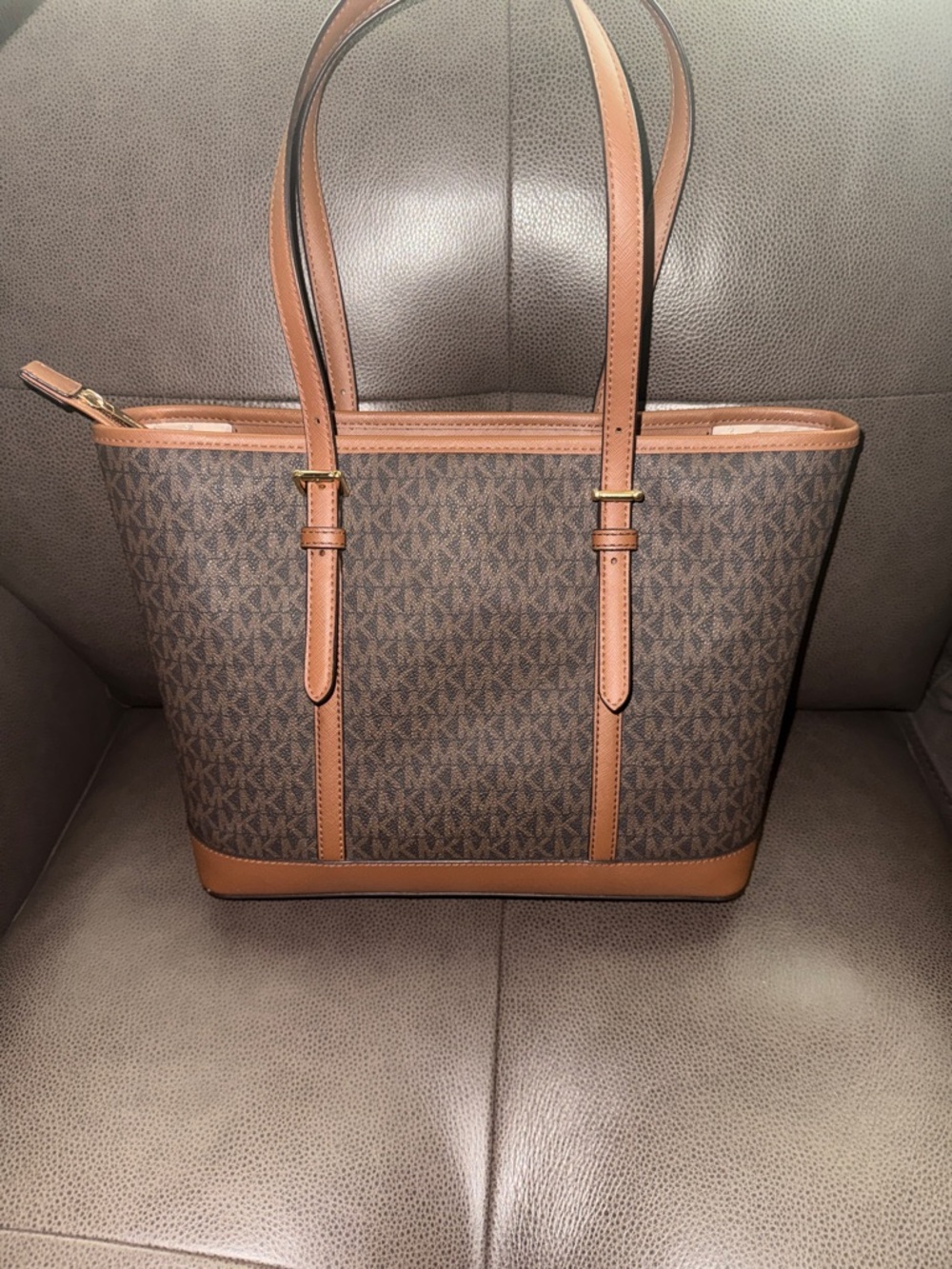 Michael Kors Brown Logo-Print Tote with Tan Leather Trim - Picture 5 of 11